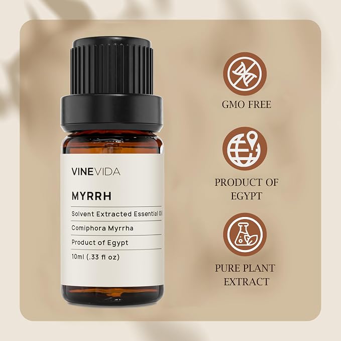 VINEVIDA Myrrh Essential Oil 10 mL - Undiluted, Pure, Vegan, Reusable Glass Bottle