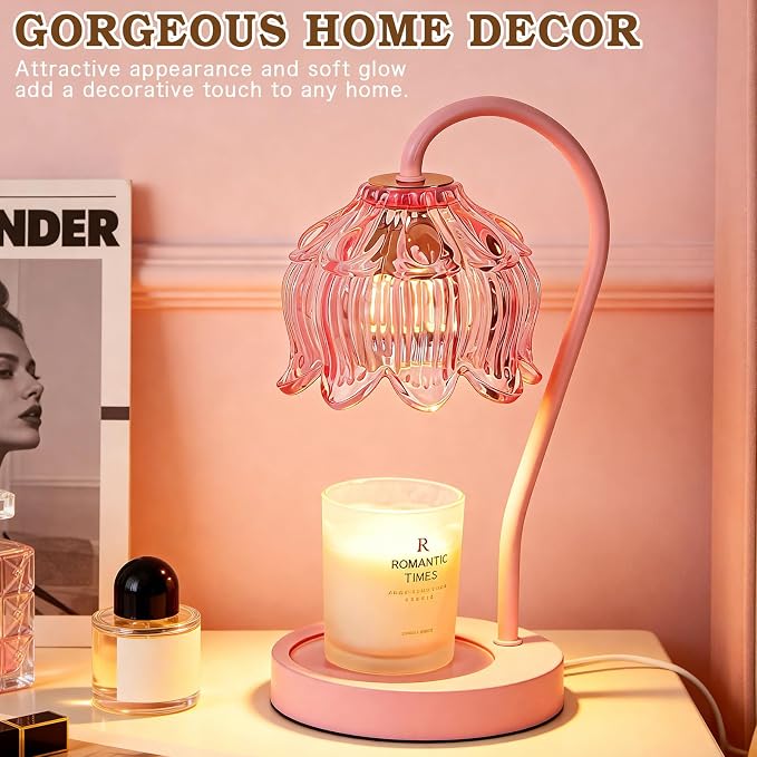Funistree Flower Candle Warmer Lamp with Timer, Dimmable Candle Lamp Warmer, Christmas Birthday Gifts for Women Mom Her, Housewarming Home Decor, Lotus Wax Warmer for Yankee - Full Pink 10 Inch