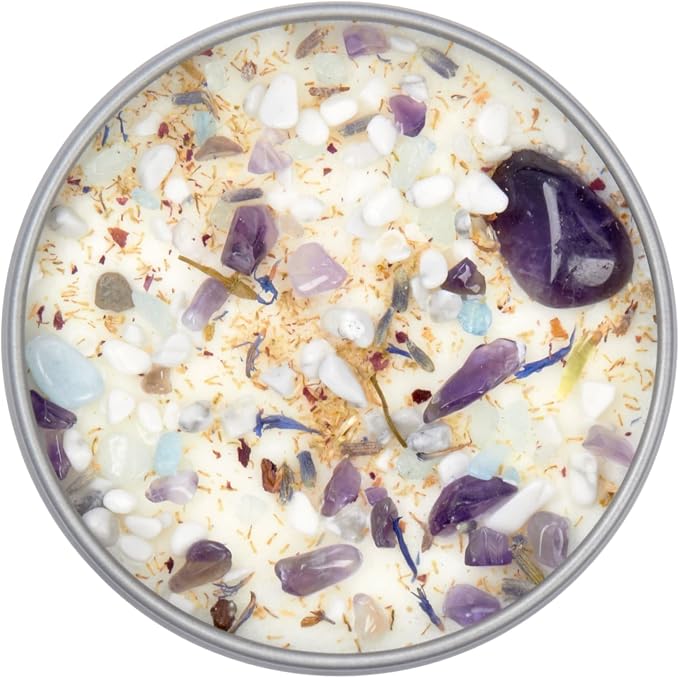 Lavender Chamomile Candle by New Moon Beginnings - Calming Energy Candle - Crystal Candle & Herb Candle - Aromatherapy Candle - Essential Oil Candle (8 Ounce Round Tin)