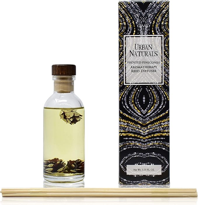 Urban Naturals Frosted Pinecones Holiday Scented Reed Diffuser Oil Gift Set | Pine, Cinnamon, Clove, Cedar Wood, Sandalwood and Vanilla Bean Scent Notes - 3.75 Ounces - Vegan - Made in the USA