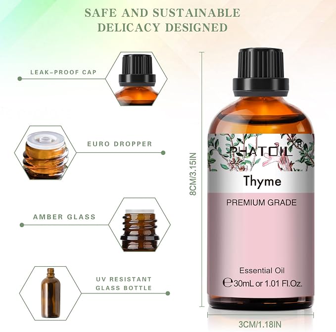Thyme Essential Oil, 1.01Fl.Oz (30ML) PHATOIL Pure Essential Oil Singles for Aromatherapy Diffusers, Humidifiers, Great for DIY Candle and Soap Making, Gift for Friend