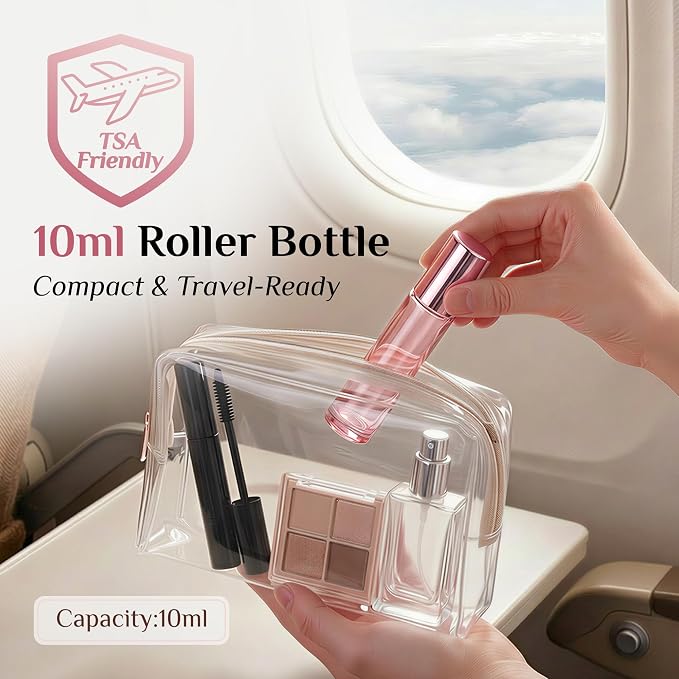 PrettyCare 24 Pack, 10 ml Essential Oil Roller Bottles with Stainless Steel Roller Ball - Refillable Leak-proof Empty Thick Pink Glass Roll on Bottles with Pink Caps for Travel, Perfume