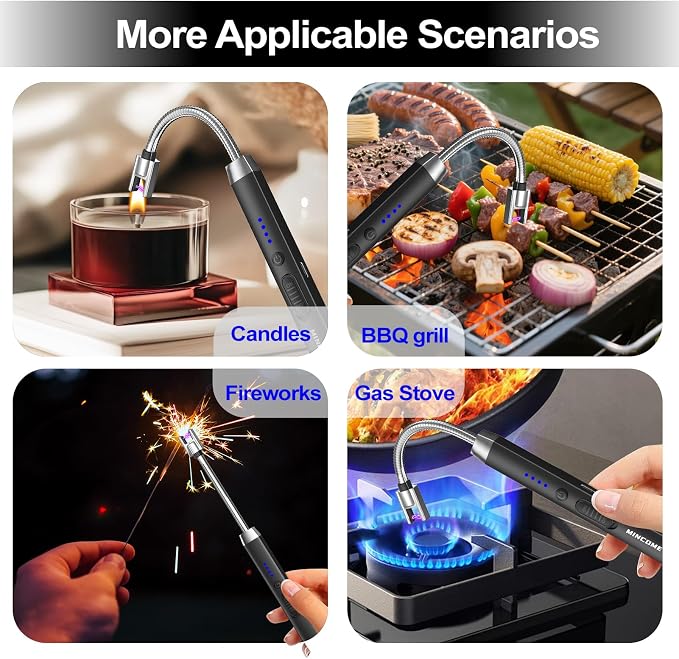 Candle Lighter, Windproof Flameless Electric lighters, Long Lighter with 360° Neck & Safety Switch, USB-C Rechageable Arc Lighters for BBQ & Candle (Black)