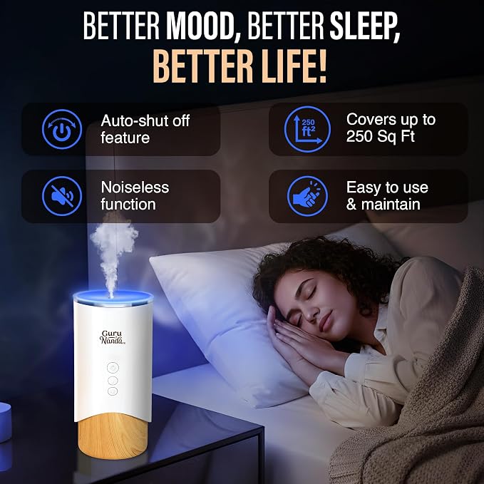 GuruNanda Calm Aura Essential Oil Diffuser, Sleek Modern Corded Electric Aromatherapy Diffuser with Turbo & Mist Modes, Auto Shut-Off Safety, Covers 250 Sq Ft, White, 100 ml