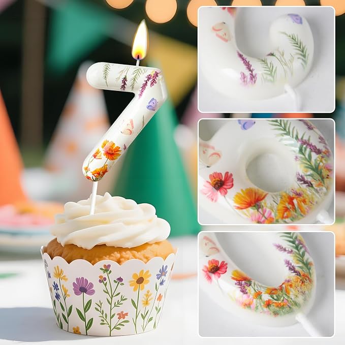 Number 7 Birthday Candle for Cake – Floral Botanical Design with Butterfly Detail – Elegant Cake Topper for Birthday, Garden Party Decoration