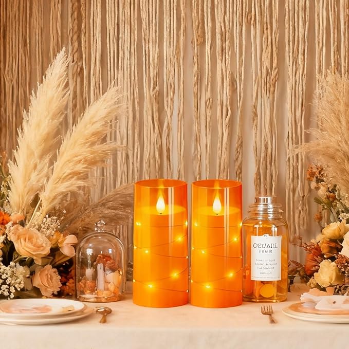 NURADA 3"x6"Flickering Flameless Candles: Built-in Star String Lights 3D Wick Battery Operated LED Pillar Candles with Remote and Timer for Halloween Thanksgiving Dinner Tables Home Fall Decor Orange