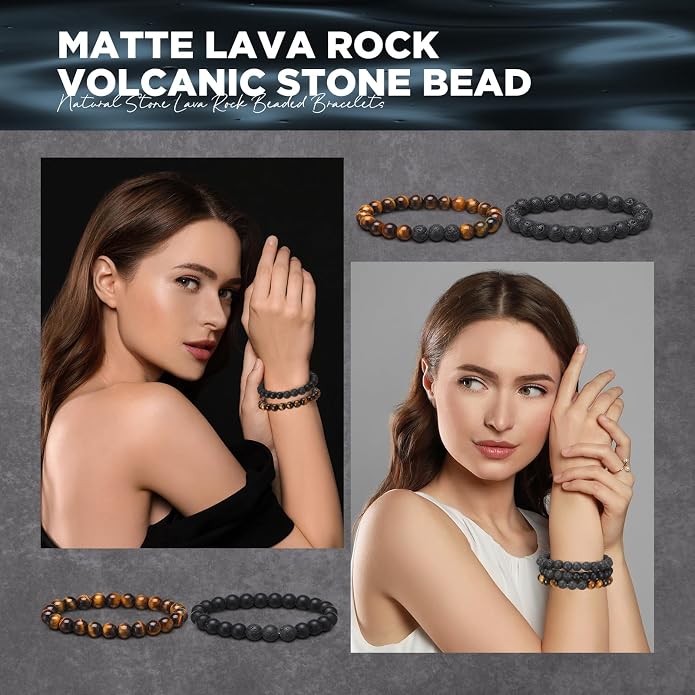 Landical 24 Pcs 8 mm Natural Stone Beads Bracelet Set Tiger Eye Men Stretch Lava Adjustable Onyx Matte Beads Essential Oil Diffuser Bracelet for Men Women Jewelry Gifts