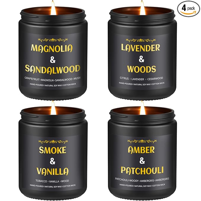 Scented Candles for Men, 4 Pack Mens Candle Gift Set, Relaxation Candles for Home Scented, 28oz Soy Wax Aromatherapy Candles of Lavender/Patchouli/Sandalwood/Smoke & Vanilla