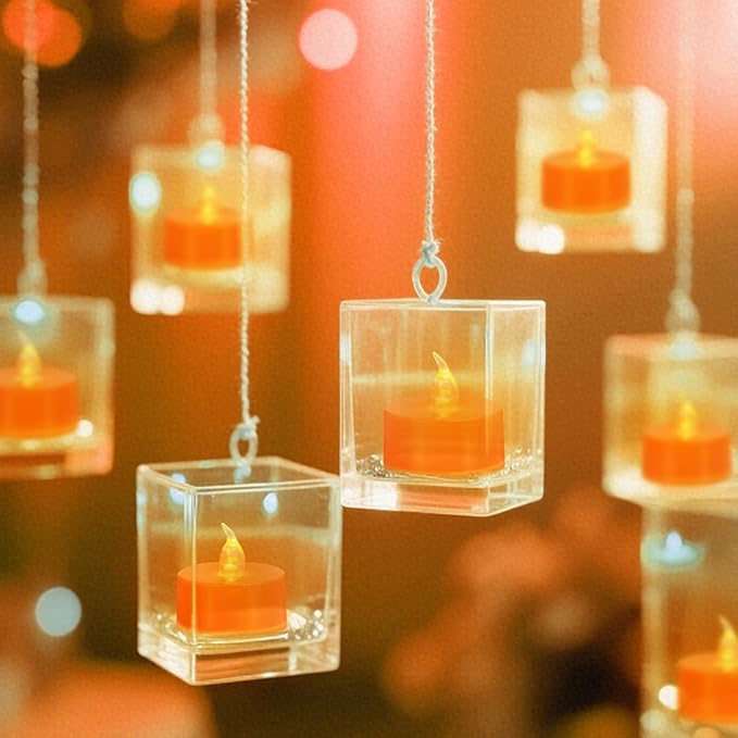 Tea Lights Battery Operated Candles LED Tea Lights Flameless Candles 200+ Hours Flickering Fake Tealights for Sweetest Day Wedding Home Decorations Party (Orange Base, 24 Pack)