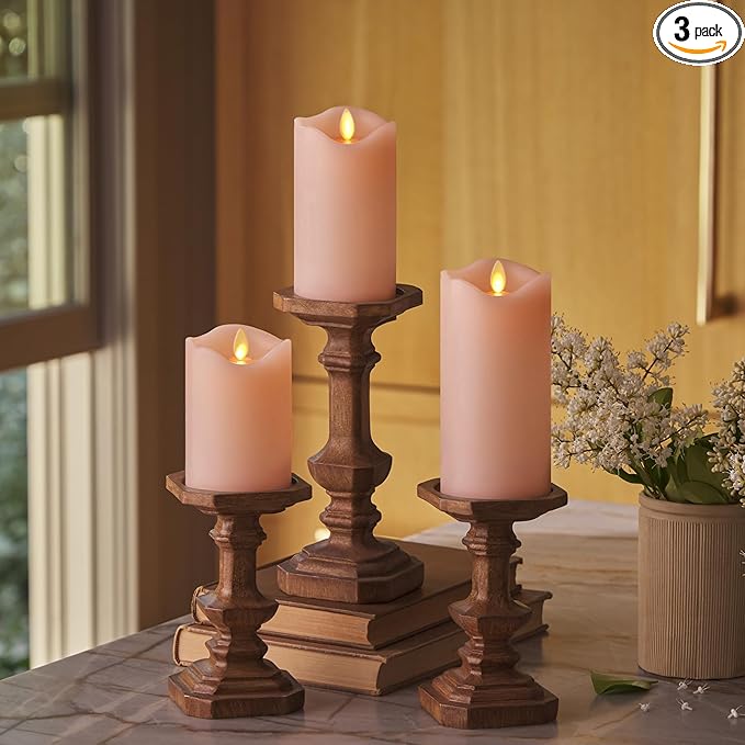 Matchless Candle Co. by Luminara - Flameless LED Battery Operated Flickering Pillar Candles - Pastel Pink - Set of 3 - Indoor Outdoor Decor Safe
