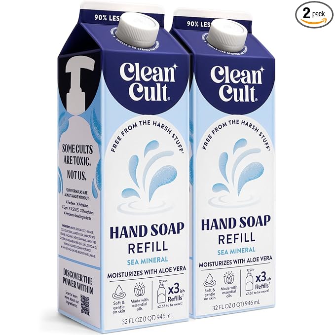 Cleancult - Liquid Hand Soap Refills - Sea Minerals - Gentle On Sensitive Skin - Made with Aloe Vera & Essential Oils - Eco Friendly - Paper-Based Packaging - 32 oz/2 Pack