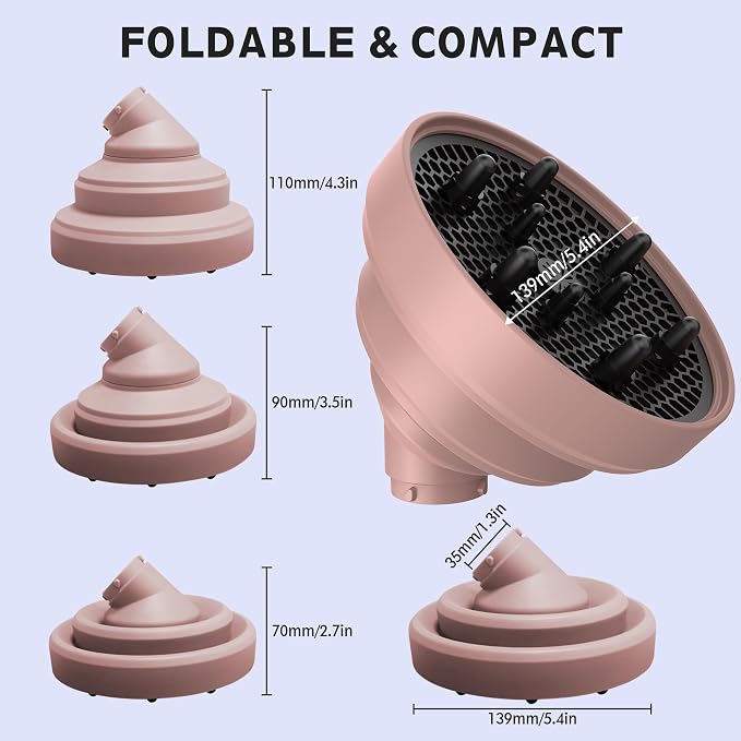 KingKam Upgraded Diffuser Attachment for Dyson Airwrap, Collapsible Hair Diffuser for Airwrap, Converts for Dyson Airwrap to Hair Dryer, Foldable and Easy Storage for Travel - Light Pink