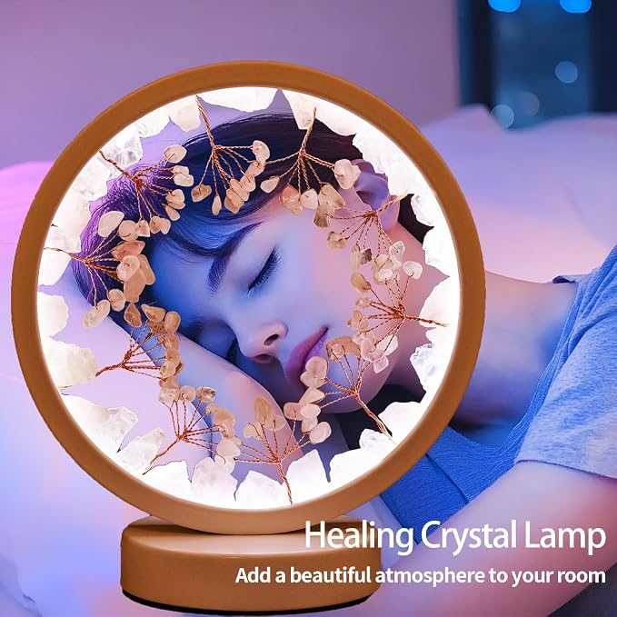 Runyangshi Crystal Night Lamp Natural Rose Quartz Crystals Small Tree Bedside Ambient Lamp USB Port 3 Colours Adjustable Lamp Suitable Night Light for Living Room Bedroom Office Home Decor Gift