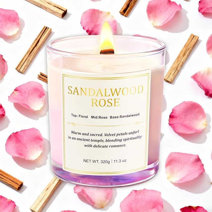 Scented Candles for Home, 2 Pack Wood Wick Sandalwood Rose Scented Candle,22.6 oz 150 Hour Long Burning Lasting, Natural Soy Wax Candles Gifts Set