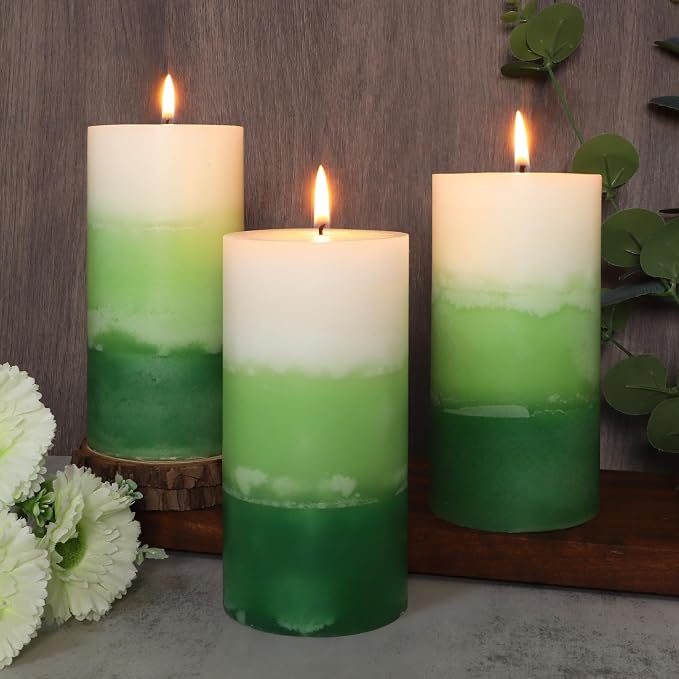 Pillar Candles 3x6 Inch Eucalyptus Scented Hand-Poured 3-Layers Green Gradient Decorative Candle Long Burning Candle for Home Scented Relaxation Spa Holiday Dinner Table, Set of 3