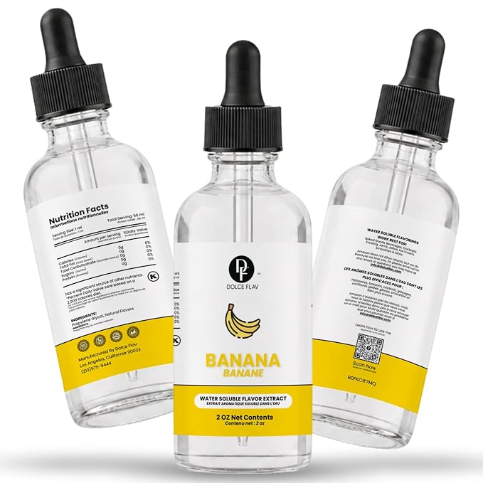 Dolce Flav Natural Banana Extract – 2 oz Water-Soluble Pure Banana Flavoring Drops for Baking, Smoothies & Desserts | Sugar Free, Allergen Free, Kosher | Made in USA