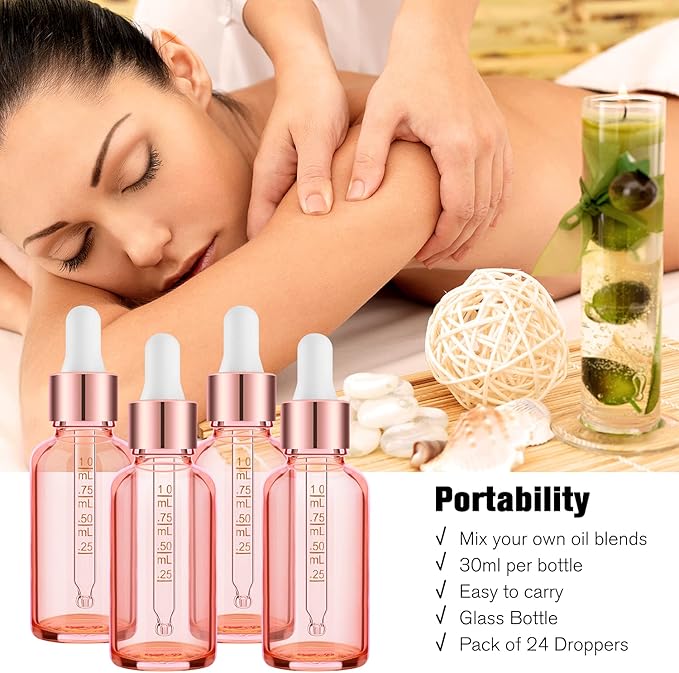 PrettyCare 4 Pack 1oz Dropper Bottles for Essential Oils with Labels, Funnel & Measured Pipettes, 30 ml Leak Proof Rose Glass Essential Oils Bottles- Empty Tincture Bottles for Personal Care & Beauty