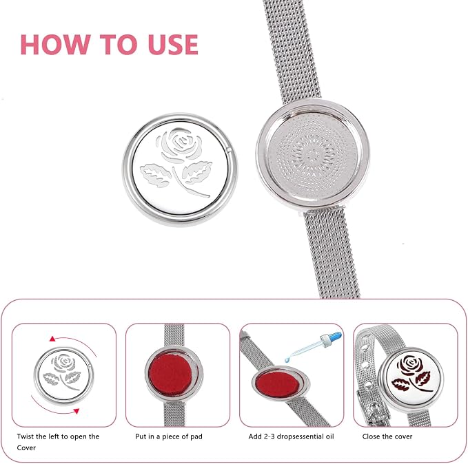 Essential Oil Diffuser Bracelet Aromatherapy Locket Adjustable Stainless Steel Rose Watch Chain Bracelet with 10 Pcs Refill Pads for Women