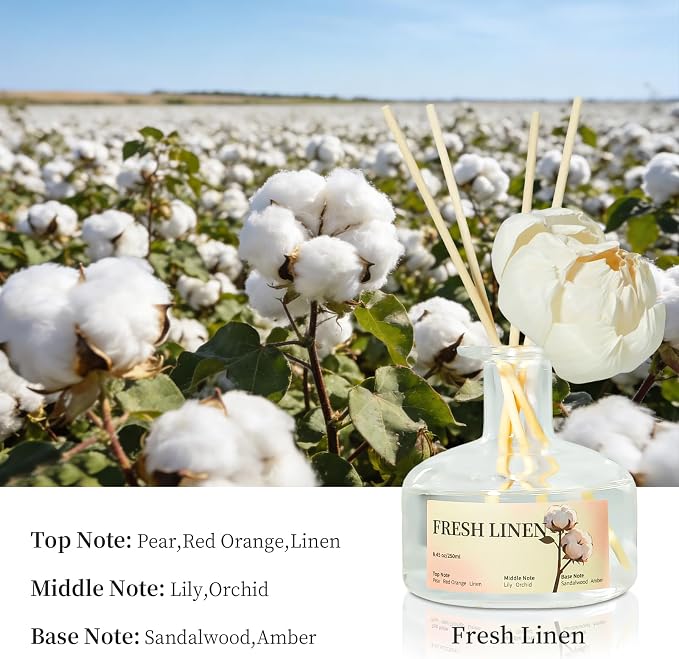 8.45 oz Fresh Linen Scent Diffusers with 6 Reed Sticks,250ml Reed Diffuser for Bathroom Room Air Freshener, Last up for 50 Days