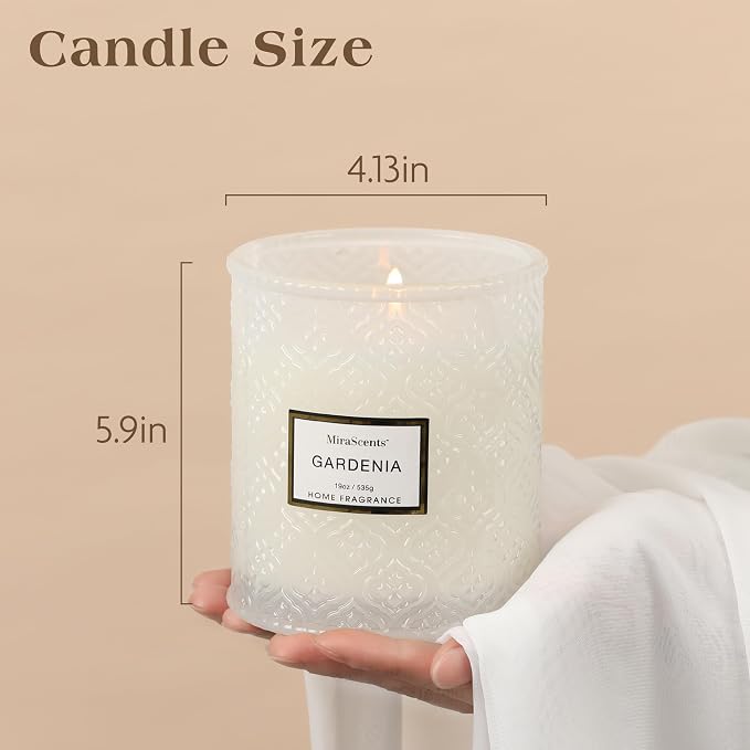 Gardenia Candle - White Floral Fragrance | 19 oz Large Soy Wax Candle in Embossed Glass Jar | Long Lasting Decorative Candle for Home Decor Gift for Women