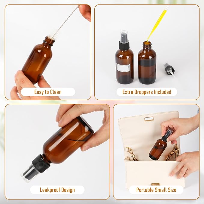 Jaisie.W Leakproof Amber Glass Spray Bottles 2 oz with Fine Mist Sprayer, 2 Pack Small Durable Refillable Travel Containers for Face Mist, Perfumes, Essential Oils, Hair, Plants - Great Value Set