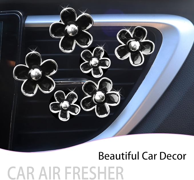 ORIESSE 6pcs Flower Car Air Freshener Vent Clips,Girly Daisy Car Accessorie for Women,3 Sizes Sparkle Black Silver Flowers Vent Clips Decor,Refillable Diffuser