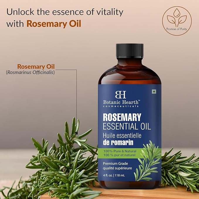 Botanic Hearth Rosemary Essential | 100% Pure and Natural | Premium Grade Essential Oil for Diffuser, Aromatherapy, Soap and Candle Making | Rosemary Oil | With Glass Dropper | 4 Fl Oz