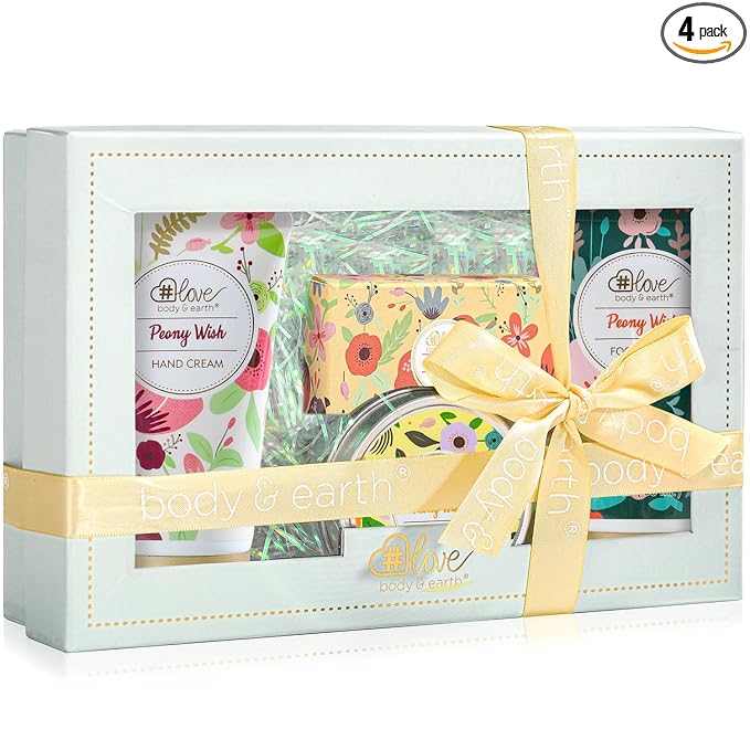 BODY & EARTH # LOVE Hand Cream Gifts Set for Women,4 Pack Peony Wish Skin Care Set Spa Kit with Hand Cream Foot Cream,Soap,Scented Candle,Birthday Gifts for Women Teen Girl Graduation Gift Teachers