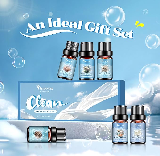 Clean Essential Ois for Laundry, Fragrance Oil for Diffuser for Home,Candle & Soap Making, Fresh Linen, Fresh Cotton, Laundromat, Blossom Soap,Pure White Comfort, Fluffy Towels, Strong Scented Oils