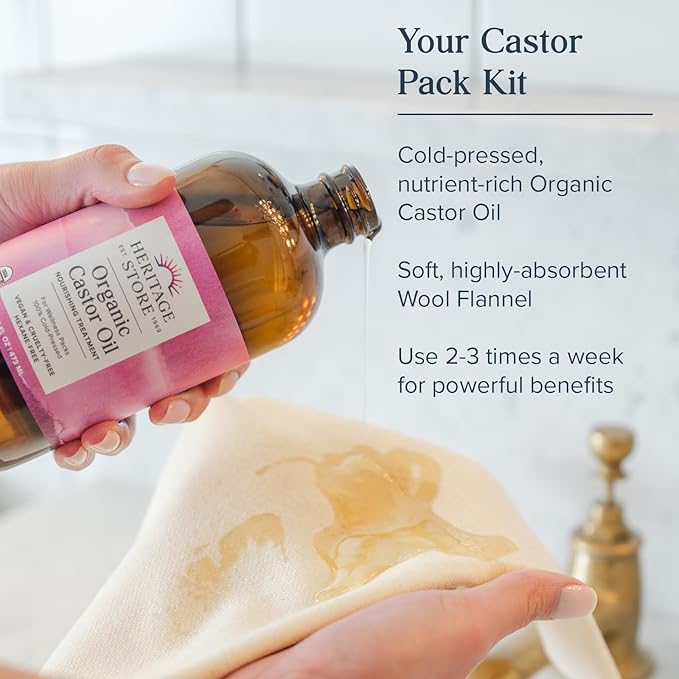 HERITAGE STORE Organic Castor Oil Pack Wrap Kit - Soothing Castor Oil Packs, Heat Compress for Abdomen, Joints, Overall Health - 16oz Cold Pressed Organic Castor Oil w/Pump, 12 x 27 in. Wool Flannel