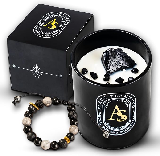 Scented Candle for Men with Luxurious Obsidian Bracelet, Teakwood for Home Scented, Hand-Poured Natural Soy Wax, Stress Relief Masculine Gift for Men, Dad, Boyrfriend, Powerful Manifestation Crystals