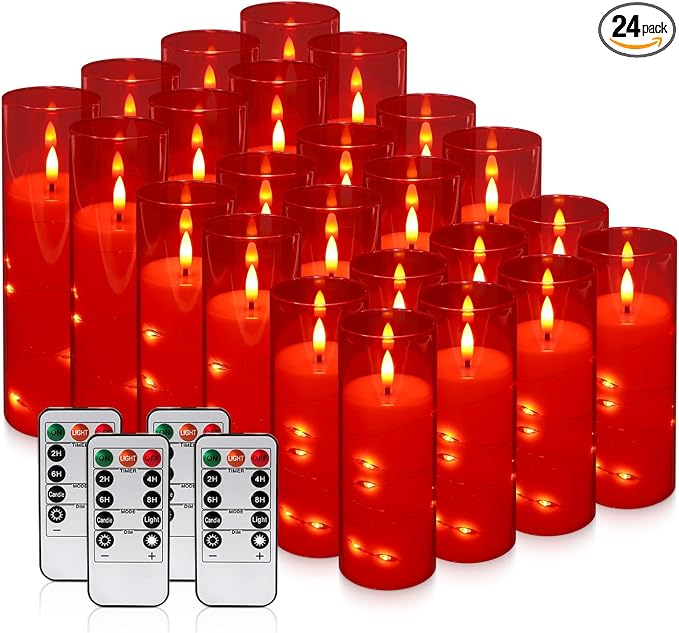 24-Pack Flameless LED Candles with Star String Lights - Red Acrylic Pillar, Realistic Flickering, Remote Control & Timer for Home Decor, Wedding, Christmas