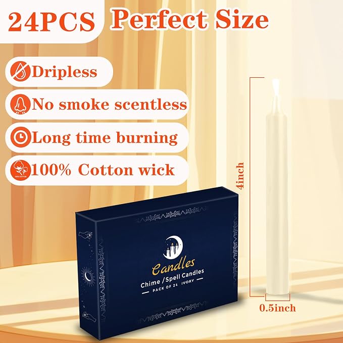 Kunrsug 24 Pack Ivory Color Spell Chime Candles – Premium Mini Unscented Taper Candles for Rituals, Prayer, Birthdays, Meditation, Altar, Spells, Chime Candles - 4 Inch Tall - Ideal for Witches