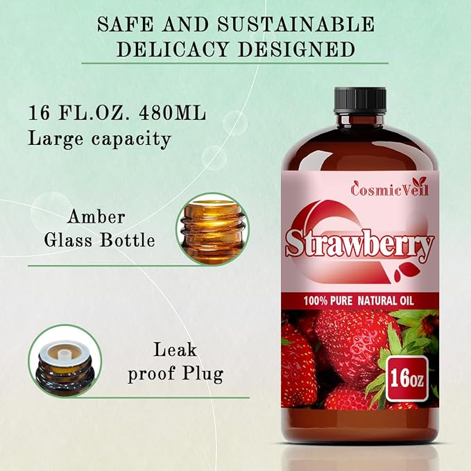 Strawberry Essential Oil Strawberry Oil for Aroma Diffuser,Humidifier,Home Fragrance,Cleaning,Body Care,Massage,Yoga,DIY Candle,DIY Soap CosmicVeil（Strawberry，16 Fl Oz (Pack of 1)）
