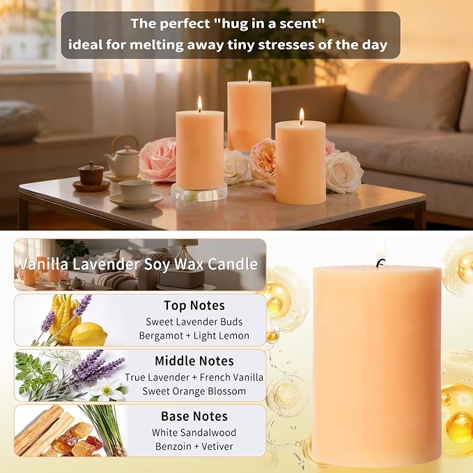 4 Pack Vanilla Lavender Scented Pillar Candles,Natural Soy Wax Pillar Candles-2.8x4In,60H Long Lasting Burning Fragrance Candles for Home,Spa,Stress Relief & Wedding（Peach Pink）