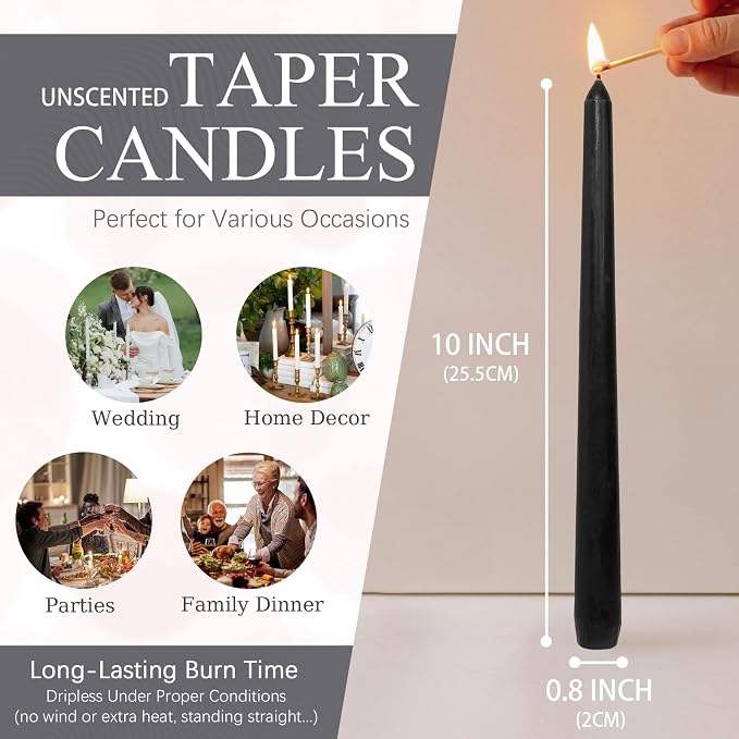 Candlesticks Long Taper Candle,Unscented 10 Inches Black Candle Sticks Smokeless Tapered Candles for Home Décor Holiday Gifts