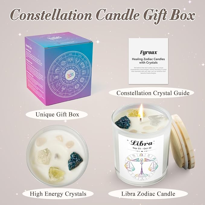 Libra Gift Candle for Women with Crystals, Zodiac Crystals Candle, September October Birthday Gifts for Her, Mom, Sister, Friends, Meditation, Yoga, Relaxation (7oz)