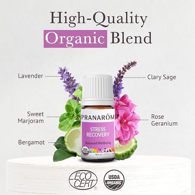 Pranarom - Stress Recovery Essential Oil Blend (5ml) - Lavender, Bergamot, Clary Sage, and Rose Geranium - 100% Pure Essential Oil for Diffusing and Wellness | USDA and ECOCERT Certified Organic