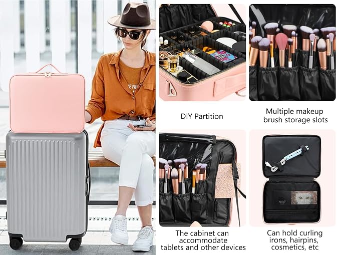 gzcz Large Capacity Travel Makeup Case Organizer,Professional Cosmetic Bags for Women,Waterproof PU Leather Makeup Bag with Adjustable Dividers and Shoulder Strap for Brushes and Jewelry