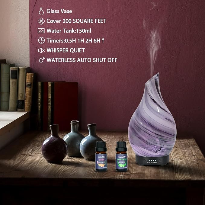 Aromatherapy Essential Oil Diffuser for Home- Art Glass Diffuser for Essential Oils with Waterless Auto Shut-Off 4 Timer 7 Colors LED Night Light for Home Office Decor Gifts for Women