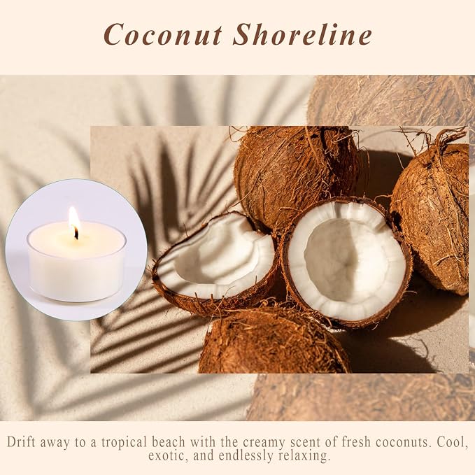 Scented Tea Lights Candles, Coconut Shoreline, 16 Pack – White Scented Tealight Candles – 100% Palm Wax, 6 Hour Burn Aromatherapy Tea Light Votive Candle for Spa Gift Sets, Relaxation, Bath