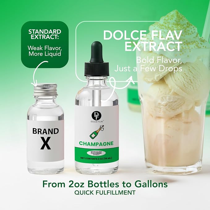 Dolce Flav Natural Champagne Extract – Concentrated Flavoring for Baking, Beverages & Candy Making – Water Soluble Liquid Flavor Drops – Professional Strength Food Grade Flavoring – 2 Fl Oz