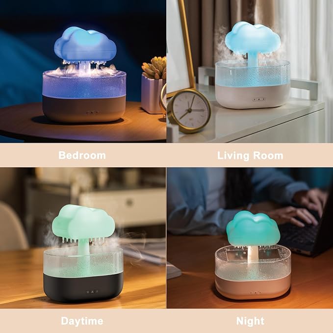 Raining Cloud Humidifier,Water Drip Essential Oil Diffuser,7 Colors Led Lights Humidifier Simulate Natural Rain Suitable for Various Occasions in Daily Life 200ML,Black
