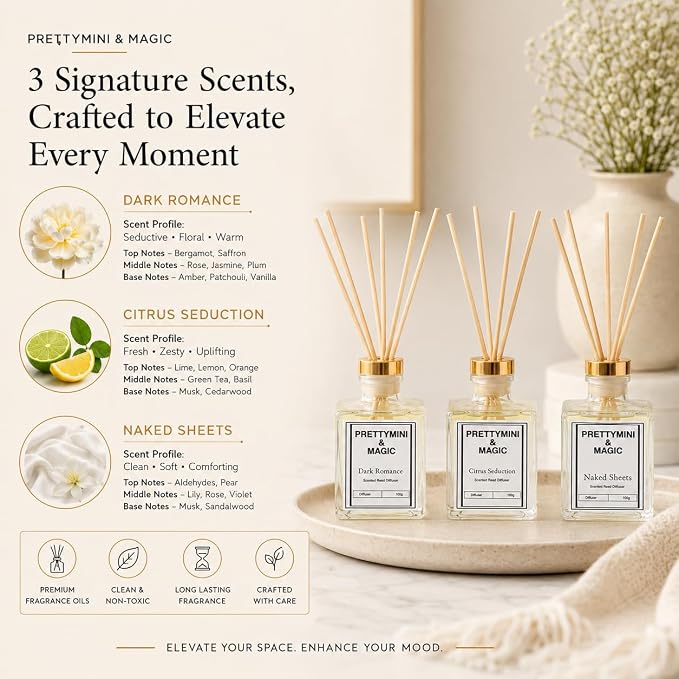 PRETTYMINI & MAGIC Reed Diffuser Set – Chocolate Element + Orange Blossom Home Fragrance, Long-Lasting Reed Diffusers for Home Fragrance with Sticks for Bedroom, Bathroom & Shelf Décor – 100g