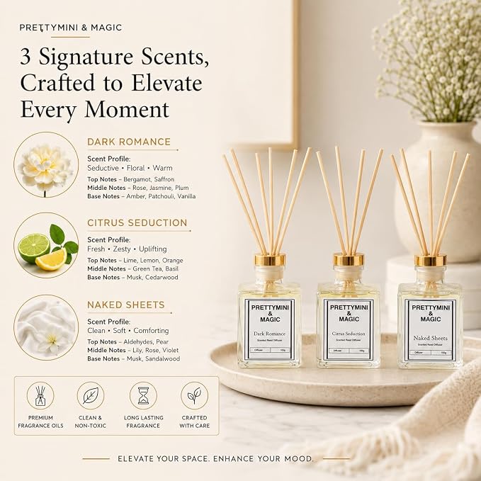 PRETTYMINI & MAGIC Reed Diffuser Set – Bohemian Rose + White Orris & Sandalwood Home Fragrance, Long-Lasting Reed Diffusers for Home Fragrance with Sticks for Bedroom, Bathroom & Shelf Décor – 100g