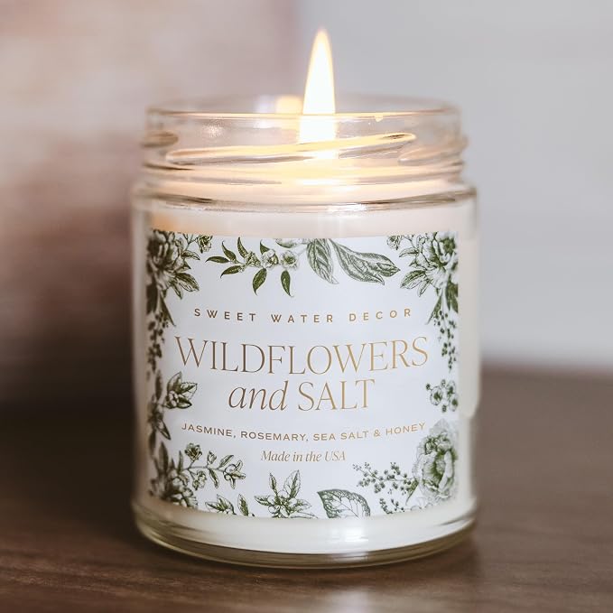 Sweet Water Decor Wildflowers and Salt Patterned Candle – Soy Candles with Rosemary, Lily, Honey, Violet, Amber, Musk Aroma– 40 Hour Burn – 9oz Clear Glass Jar – Ideal for Valentines Presents