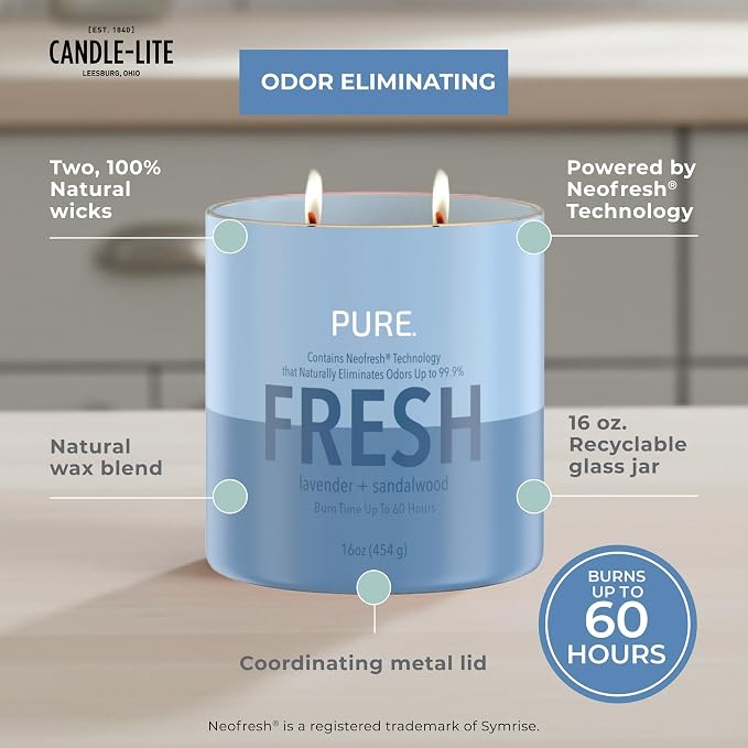 Candle-Lite Pure Lavender & Sandalwood Odor Eliminating Scented Candles, Neofresh Technology Eliminates 99.9% of Odors, 16 oz 2-Wick Jar, Proudly Poured in The USA, Up to 60 Hours Burn Time