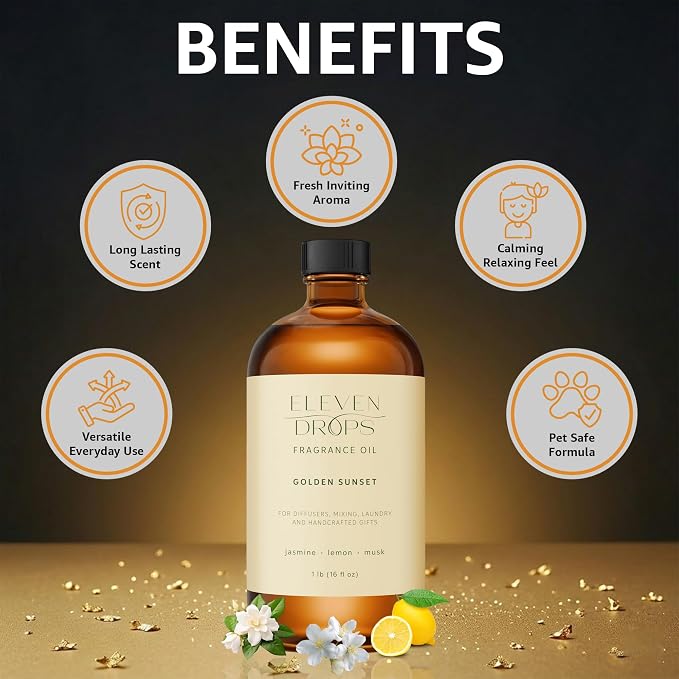 Golden Sunset Fragrance Oil | Jasmine, Lemon & Musk Notes | Long Lasting Scent Reed Diffuser Oil for Home, Office, Hotel, Spa, Car & Linen Spray | Pet Friendly IFRA Compliant, 16 oz
