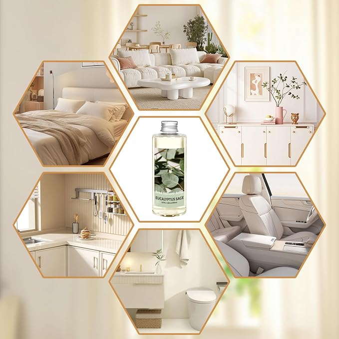 STRN Reed Diffuser Oil Refill, Eucalyptus Sage Scented Reed Diffuser Set, 6.8 fl.oz（200ml）, Reed Diffuser Refill for Summer Home Fragrance, Bedroom, Bathroom Office Home Decor