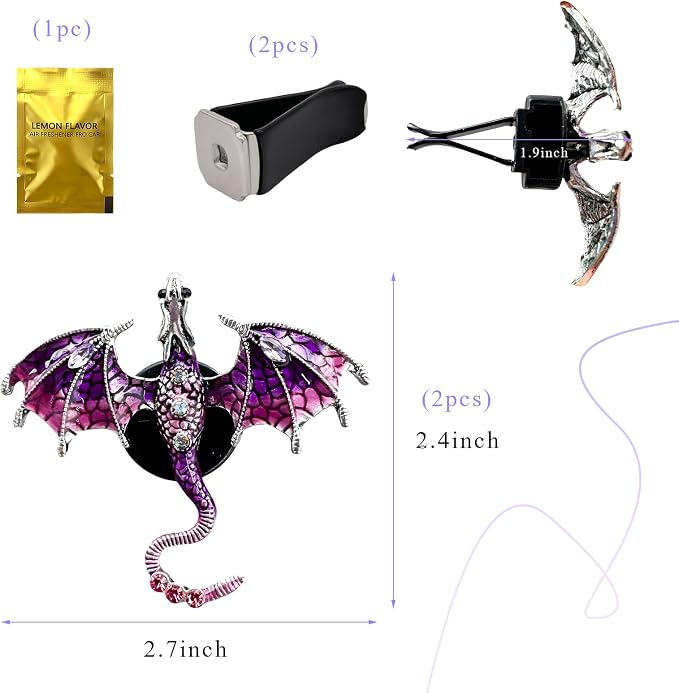 2PCS Bling Wyvern Car Air Freshener Vent Clips, Alloy Enamel Dragon Auto Outlet Clips with Fragrance Tablets, Refillable Cute Flying Dragon Crystal Vent Clip Aroma Diffuser (Purple)